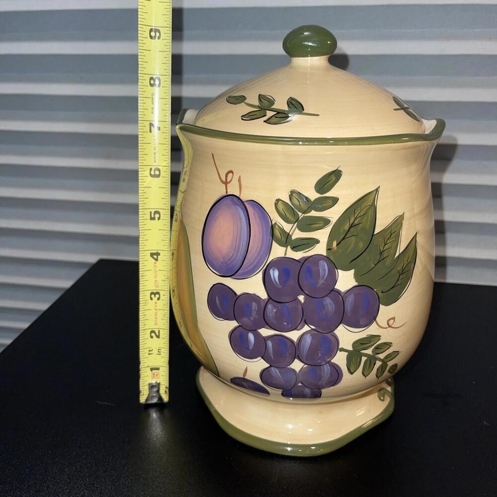 Home Trends Granada "Large" Hand Painted Fruit Design Footed Canister & Lid Vtg